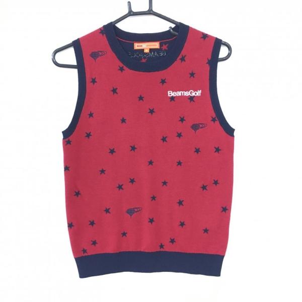 BEAMS ビームスゴルフ ニットベスト レッド×ネイビー 星柄 総柄