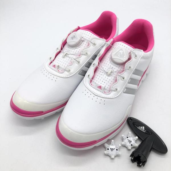 美品　 ゴルフシューズ レディース BOA ホワイト 24.5 超美品)adidas アディダス ゴルフシューズ 白×ピンク Q44971 BOA