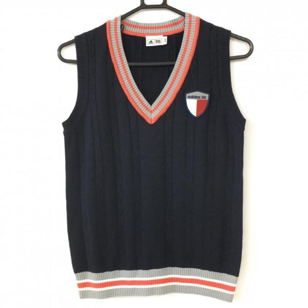  ネイビー ケーブル編みベスト　ゴルフウェア adidas（アディダス） ニットベスト ネイビー×オレンジ ケーブル編み V