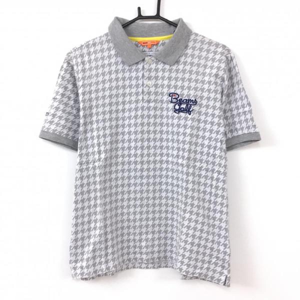サイズ：L BEAMS GOLF ビームスゴルフ  半袖ポロシャツ 千鳥柄 グレー系 [240101432654] ゴルフウェア メンズ ストスト BEAMS（ビームス） ビームスゴルフ 半袖ポロシャツ グレー×白 千鳥格子