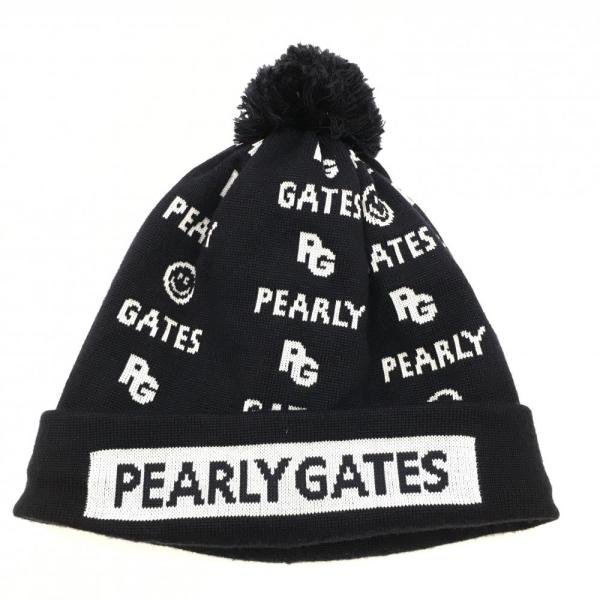 PEARLY GATES（パーリーゲイツ） ニット帽 ネイビー ロゴ総柄白 裏起毛