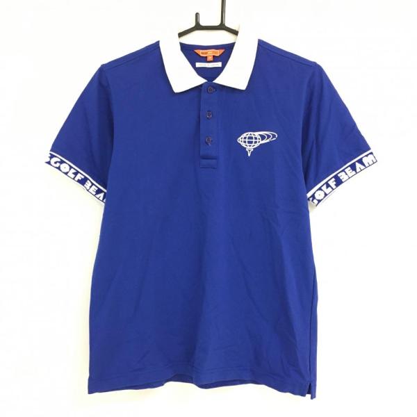 Mサイズ 美品【BEAMS GOLF】ビームスゴルフ 半袖ポロシャツ 日本製 美品】ビームスゴルフ 半袖ポロシャツ ブルー×白 襟一部透かし編み