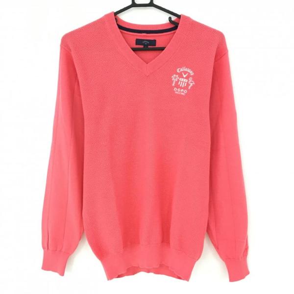 キャロウェイ セーター ピンク Vネック ロゴ白 コットン混 ニット