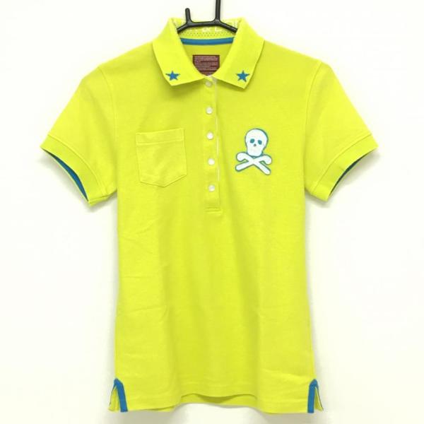 【美品】MARK & LONA ポロシャツ 半袖 ベロア素材 スカルワッペン MARK&LONA（マークアンドロナ） 半袖ポロシャツ ライムイエロー 襟一部