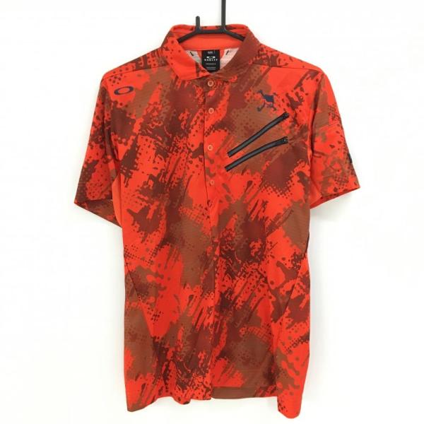 OAKLYオークリー レッドゴルフポロシャツ　M OAKLEY オークリー 半袖ポロシャツ レッド×白 下部総柄 ティー