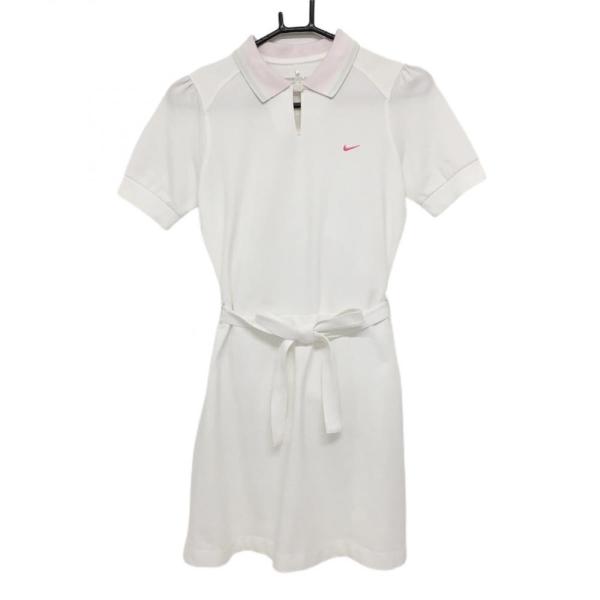 ナイキ 半袖ワンピース 白×ピンク ロゴ刺しゅう 襟裏ボーダー ベルト付き  レディース M ゴルフウェア NIKE