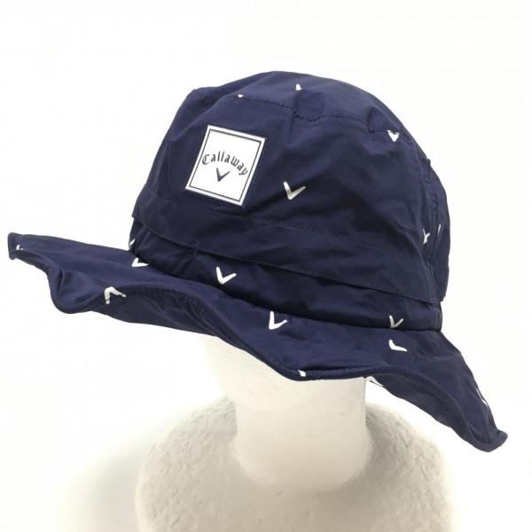 【美品】キャロウェイ レインハット ネイビー×白 ロゴ柄 裏地メッシュ  レディース FR ゴルフウェア Callaway