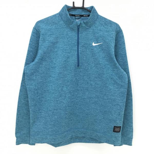 美品 NIKE GOLF ハーフジップアップ 裏起毛トレーナー メンズ L 水色 超美品】ナイキゴルフ ハイネックトレーナー ライトブルー 地模様