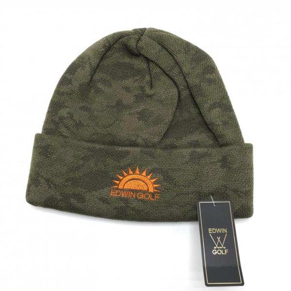 新品】エドウィンゴルフ ニット帽 カーキ ロゴオレンジ FREE ゴルフ