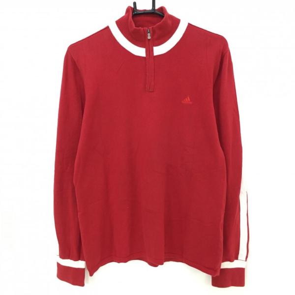 adidas 長袖トップス ハイネック Lサイズ レッド アディダス ハイネックセーター レッド×白 ハーフジップ ネック袖