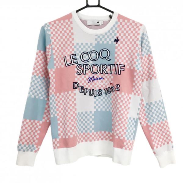 ルコック セーター 白×ピンク×ライトブルー ブロックチェック ニット