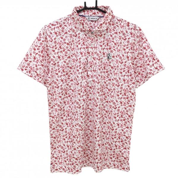 and per se（アンパスィ） 半袖ポロシャツ 白×ピンクレッド 総柄 ロゴ