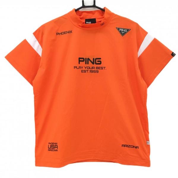 PING ピン 半袖ハイネックシャツ オレンジ×白 撥水 ドローコード PING ピン 半袖ハイネックシャツ オレンジ×白 撥水 ドローコード