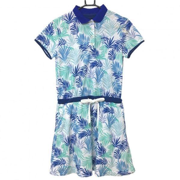 Callaway（キャロウェイ） 半袖ポロワンピース 白×ブルー リーフ柄 襟