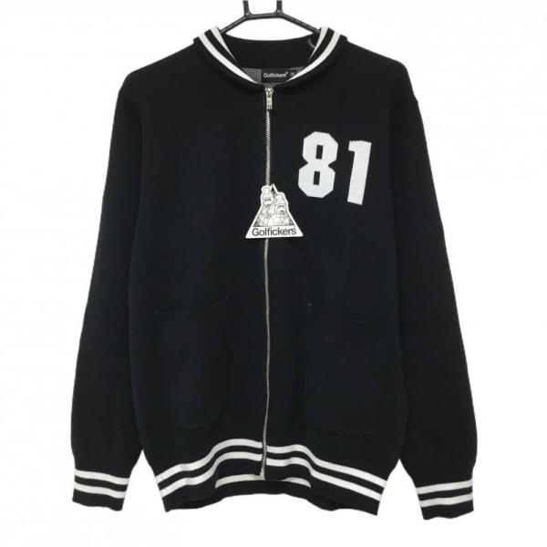 Golfickers ゴルフィッカーズ ニットジャケット ゴルフウェア XL 新品】ゴルフィッカーズ 襟付ニットジャケット 黒×白 コットン100