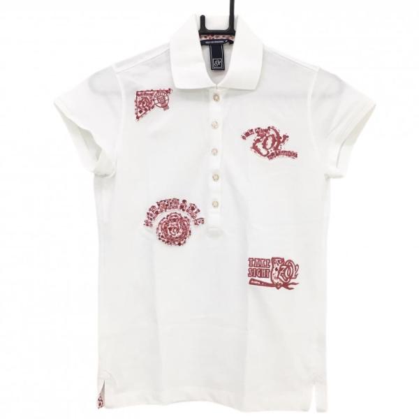 ZOY レディースポロシャツ 38 新品 ZOY（ゾーイ） 半袖ポロシャツ 白×レッド 前身頃複数ワッペン 襟薄汚れ
