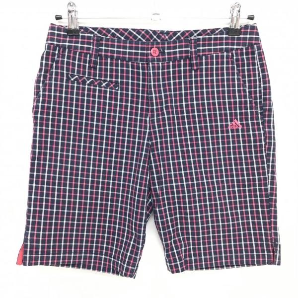 【美品】アディダス ショートパンツ ネイビー×ピンク 格子チェック  レディース M/M ゴルフウェア adidas