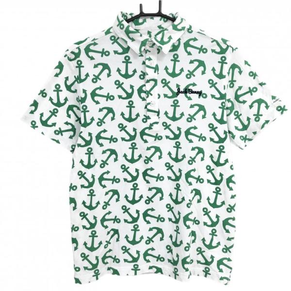 【超美品】ジャックバニー 半袖ポロシャツ グレー×グリーン 裾リーフ柄 ワッペン  メンズ 4(M) ゴルフウェア Jack Bunny Jack Bunny!!（ジャックバニー） 半袖ポロシャツ 白×グリーン イカリ総