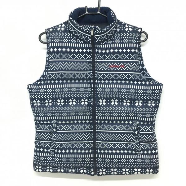 adidas（アディダス） ダウンベスト ネイビー×白 総柄 ネック内側起毛