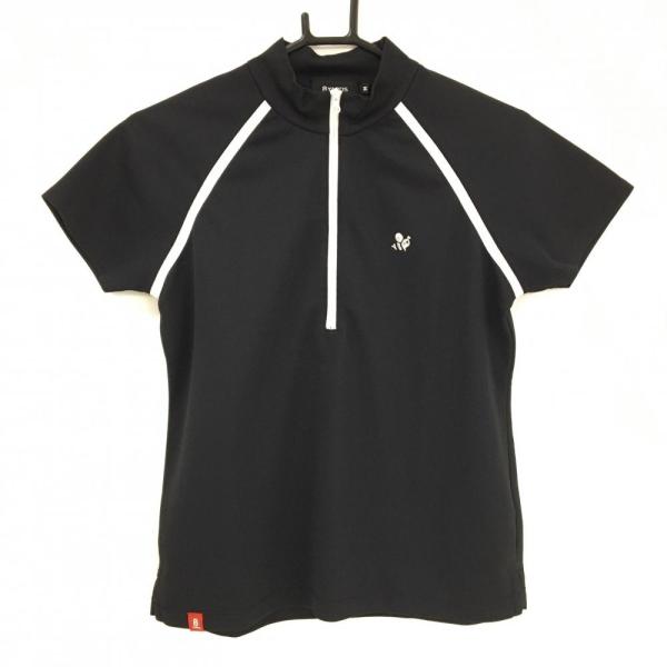 美品】ハチヤーズ 半袖ハイネックシャツ 黒×白 ハーフジップ ワッペン