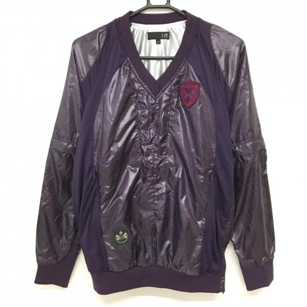 【23区ゴルフ】2WAY人気袖ロゴネーム 長袖ゴルフブルゾンジャケットLL 蓄熱 23区GOLF 【美品】23区スポーツ 2WAYスニード パープル 袖着脱可 蓄熱