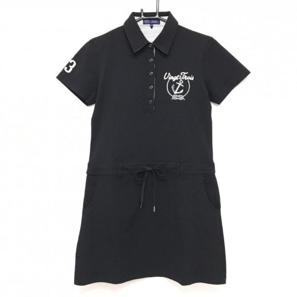 23区GOLF 【超美品】23区ゴルフ 半袖ポロワンピース 黒 ロゴ ウエスト
