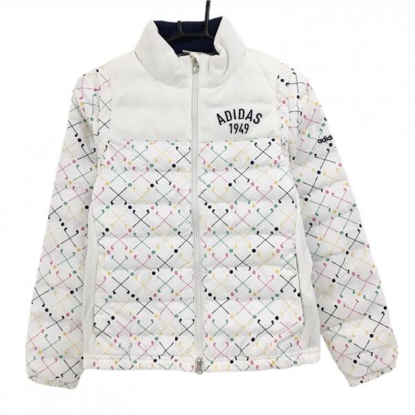 (未使用タグ付) CPGゴルフ スニード ジャケット 総柄 袖ロゴ 中綿 adidas（アディダス） 2WAY中綿ジャケット 白×マルチカラー 総柄 ロゴ