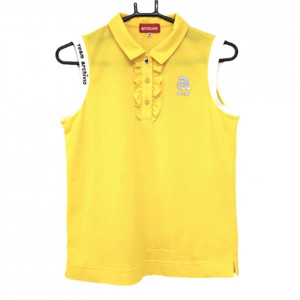 【超美品】アルチビオ ノースリーブポロシャツ イエロー×白 メッシュ調 前立てフリル  レディース 38(M) ゴルフウェア archivio archivio（アルチビオ） 【超美品】アルチビオ ノースリーブポロシャツ