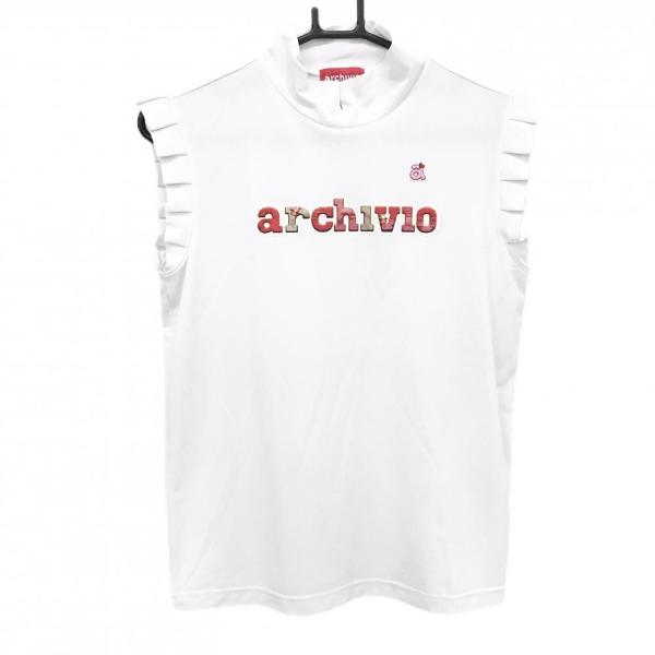 【美品】アルチビオ ノースリーブシャツ 白×レッド フロントロゴ 袖フリル  レディース 38(M) ゴルフウェア archivio archivio（アルチビオ） 【美品】アルチビオ ノースリーブシャツ 白