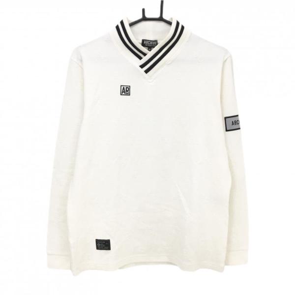 【美品】アルチビオ 長袖シャツ アイボリー×黒 ジャガードロゴ総柄 Vネック メンズ 46(M) ゴルフウェア 2024年モデル archivio archivio（アルチビオ） 【美品】アルチビオ 長袖シャツ アイボリー×黒