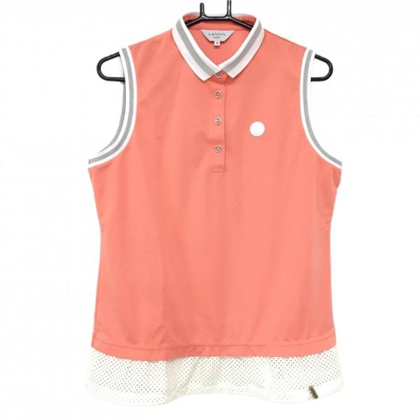 ランバンスポール ノースリーブポロシャツ サーモンピンク×白 ラメライン 裾異素材  レディース 42(XL) ゴルフウェア LANVIN SPORT