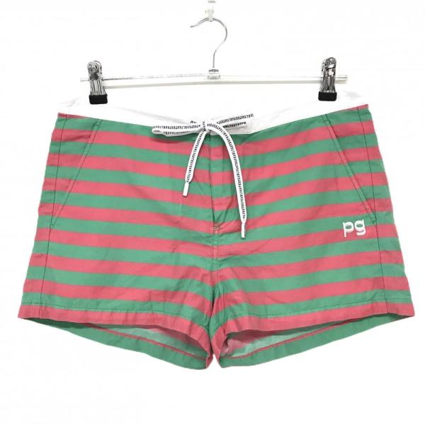 【美品】パーリーゲイツ×Lemar ショートパンツ グリーン×レッド ボーダー コットン混 レディース 1(M) ゴルフウェア PEARLY GATES