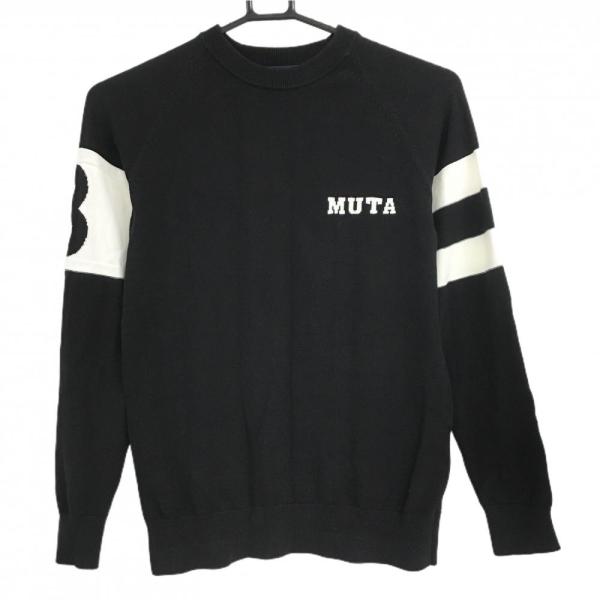 【美品】ムータマリン  セーター 黒×白 袖ライン コットン100％ ニット レディース 0(XS) ゴルフウェア muta muta MARINE（ムータマリン） 【美品】ムータマリン セーター 黒×白 袖