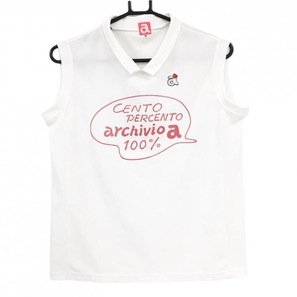 【超美品】アルチビオ 襟付ノースリーブシャツ 白 ビーズロゴ ラメプリント レディース 40(L) ゴルフウェア archivio archivio（アルチビオ） 【超美品】アルチビオ 襟付ノースリーブシャツ
