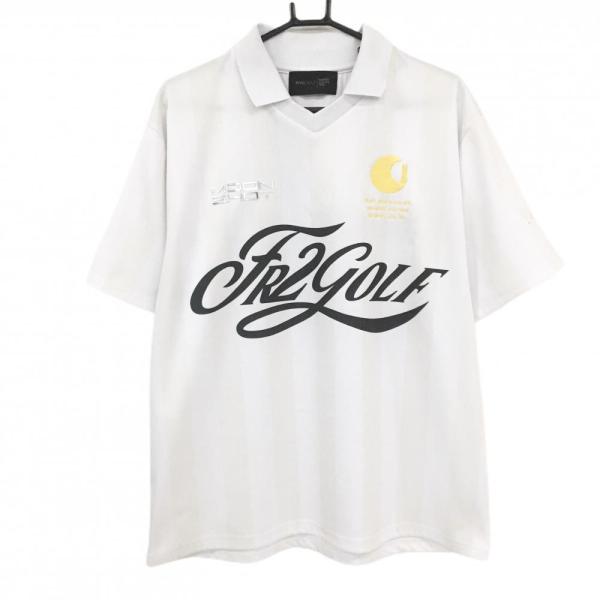 エフアールツー 襟付き半袖シャツ 白×ライトベージュ ストライプ ビッグロゴ  メンズ XL ゴルフウェア #FR2 GOLF エフアールツー 襟付き半袖シャツ 白×ライトベージュ ストライプ