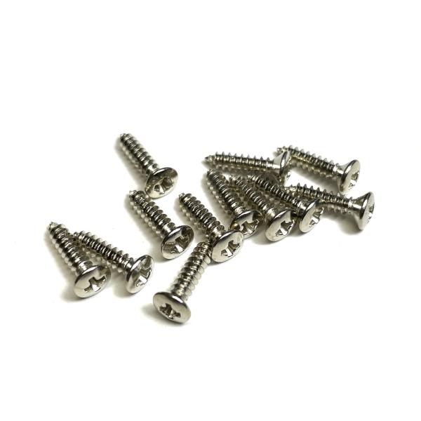 ピックガードやエスカッションに使える丸皿ビス。12本入り。ニッケルカラー。サイズご確認の上ご注文ください。