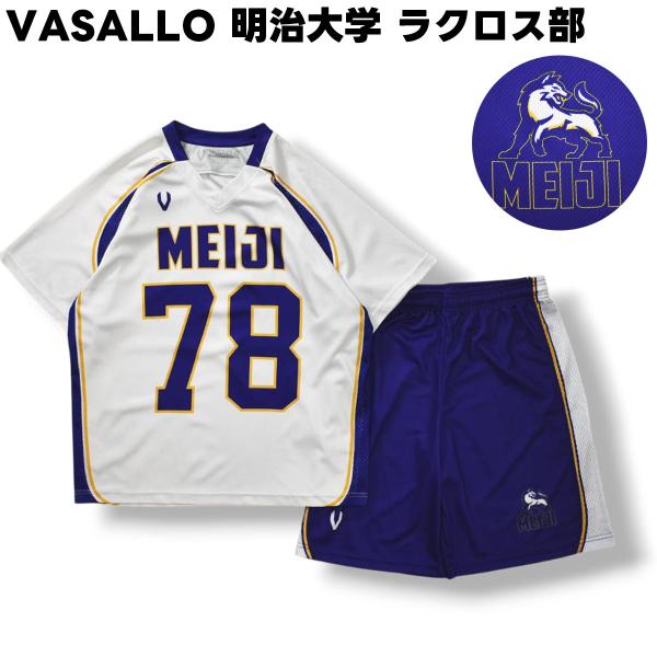 バサロ VASALLO 明治大学 男子 ラクロス部 カレッジ ロゴ プリント ユニフォーム セットアップ 上下 半袖 シャツ x ハーフ パンツ ＃78 XL メンズ