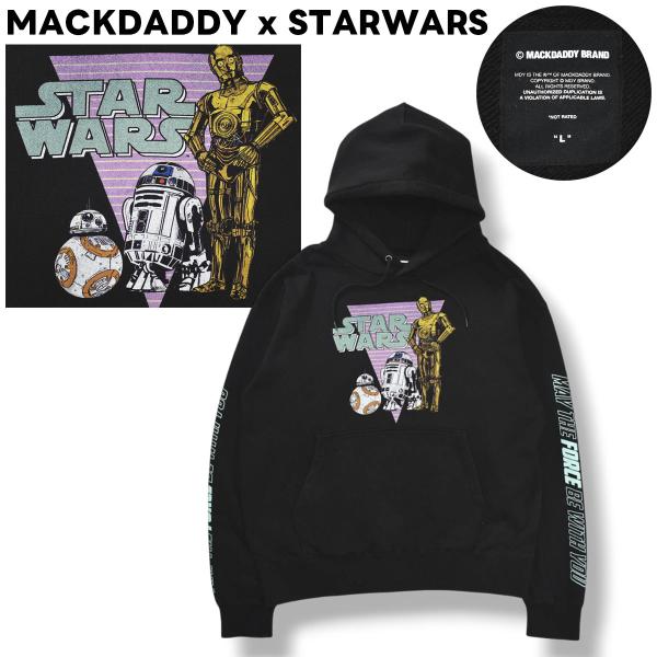 マックダディ x スターウォーズ MACKDADDY x STARWARS C−3PO R2−D2 BB−8 ドロイド デザイン プリント パーカー フーディー スウェット パイル L 黒 メンズ