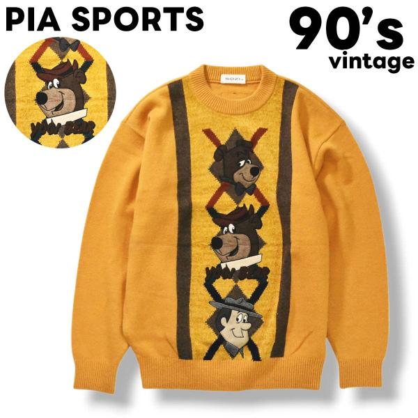 90s ヴィンテージ ピア スポーツ PIA SPORTS SOZI クマゴロー ヨギ・ベア YOGI BEAR ベロア 切替 キャラクター デザイン ニット セーター M マスタード メンズ