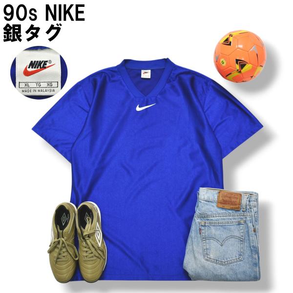 90s ヴィンテージ 銀タグ ナイキ NIKE スウッシュ ロゴ プリント トレーニング ゲーム シャツ Vネック XL ブルー サッカー スポーツ ストリート メンズ