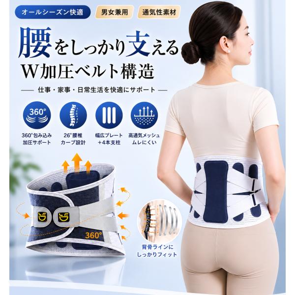 腰 サポーター 腰痛 コルセット 男性用 女性用 男女兼用 360°加圧 Wベルト 26°腰椎カーブ 4本支柱 通気メッシュ 作業用 家事 日常生活 快適フィット 軽量