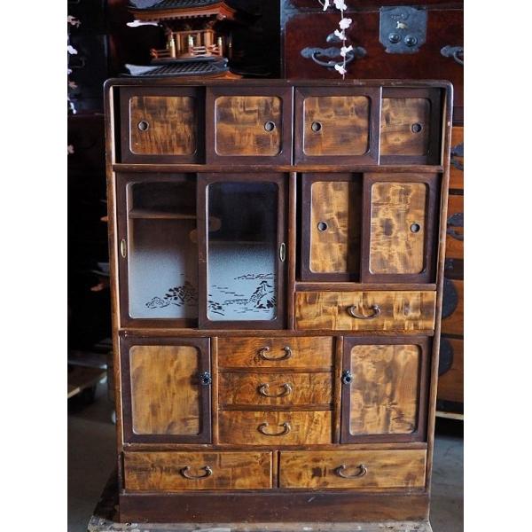 昭和レトロ 美しい杢目の茶箪笥 昭和中期 古録展 送料別 Lサイズ 中古