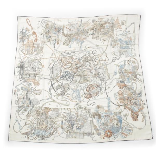 エルメス 25AW カレ140 カシミヤ シルク カレジェアン エルメスの世界 ストール アイボリー マルチカラー【中古】 HERMES（エルメス） 25AW カレ140 カシミヤ シルク カレジェアン