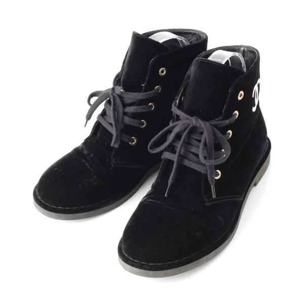 最終SALE★CHANEL レースアップブーツ ベロア ココマーク 36 CHANEL シャネル ベロア ベルベット ココマーク レースアップ ショート