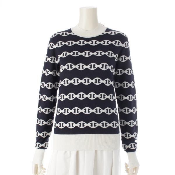 エルメス カシミヤ シルク シェーヌダンクル ニット セーター トップス ネイビー ホワイト 36【中古】 retrojp_250932