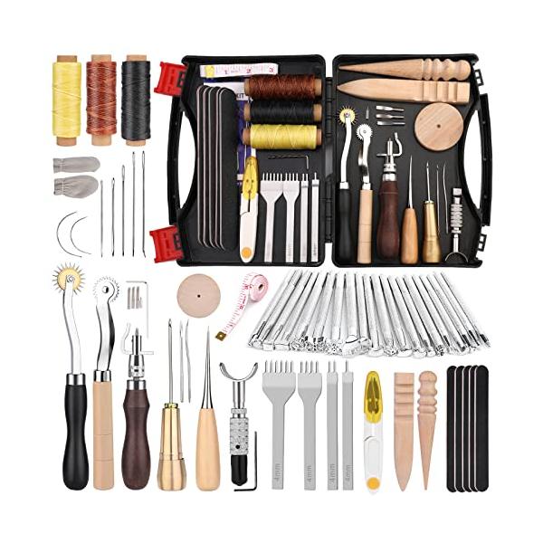 初心者向けの革工具セット：金属、木材 丈夫と実用的であんぜんな素材から作られました、多種類のツールが揃っていて、手作りの基本的なニーズを満たすことができ、お得な工具セットです。取り扱い説明書も付きますので、初心者の方でも安心して工具を使いこ...