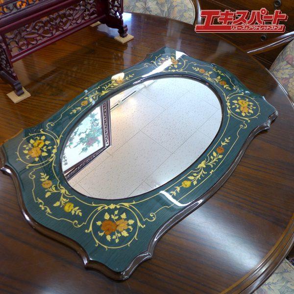 中古品 イタリア製 キズ有り 象嵌 ウォールミラー 壁掛け鏡 姿見 公田