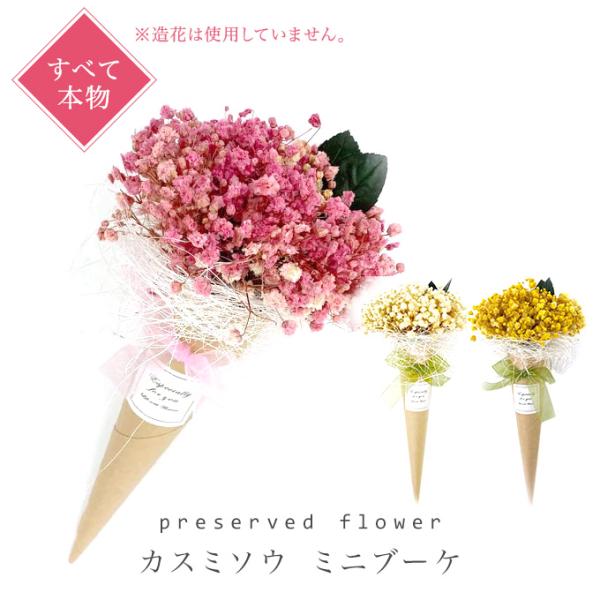 [Release date: January 22, 2020]プリザーブドフラワーのカスミソウのミニ花束。誕生日や母の日、卒業式、発表会などなど・・・。ジェラードのようなキュートなプチブーケ。枯れないお花だからそのままずっと飾っていただけ...