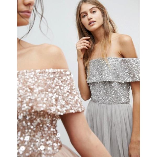 maya bardot sequin top tulle detail dress with high low hem