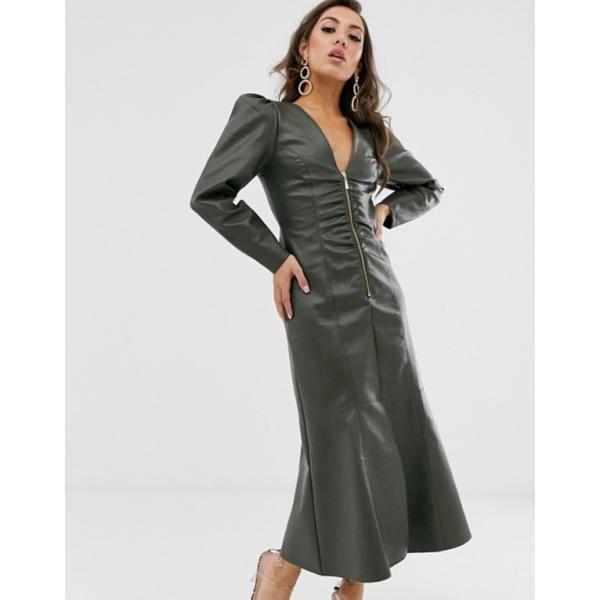 エイソス レディース 日本メーカー新品 ワンピース トップス Asos Design Leather Zip Look With Dress Midi Pephem Through